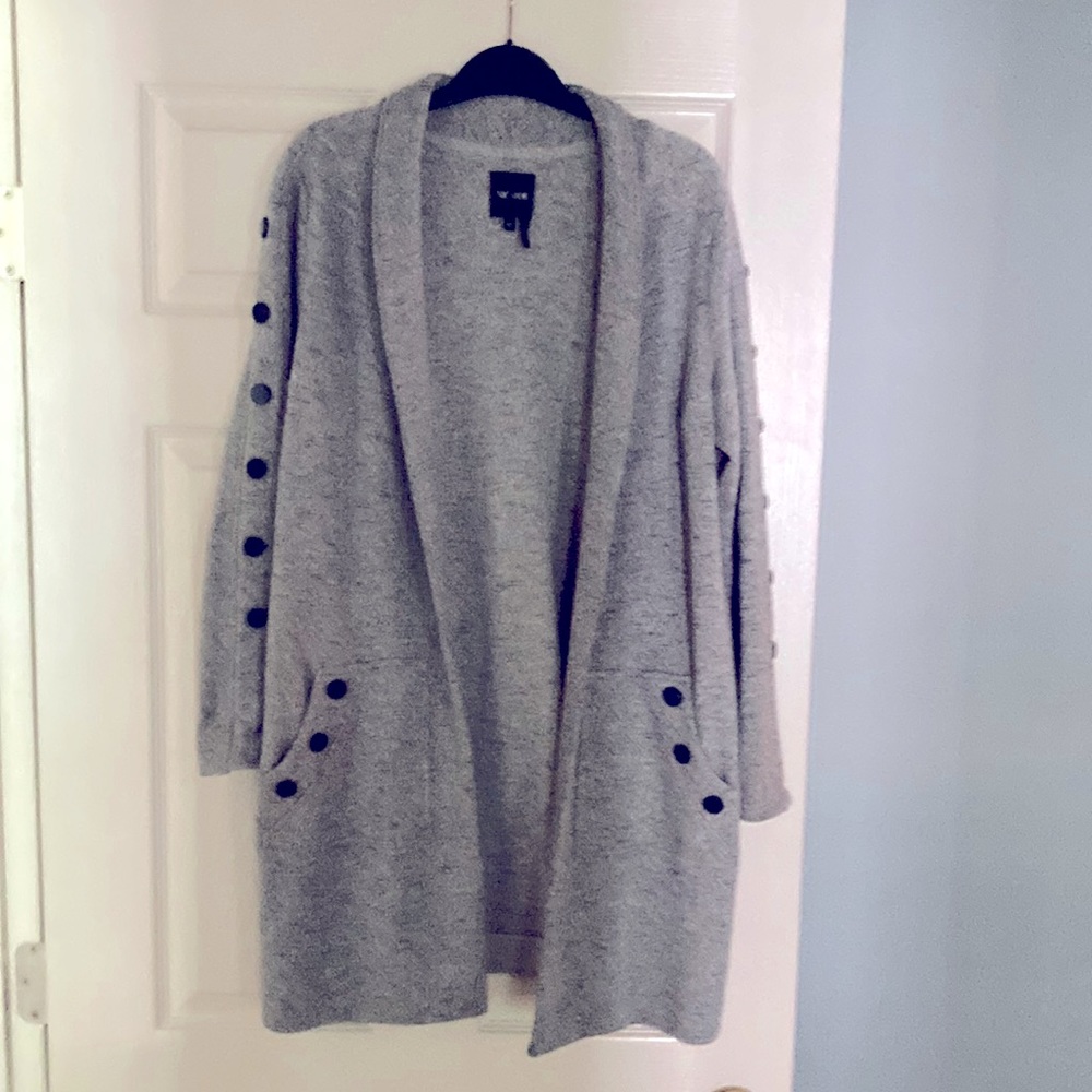 NIC+ZOE PS open cardigan/coat w pockets. Gray w blue buttons